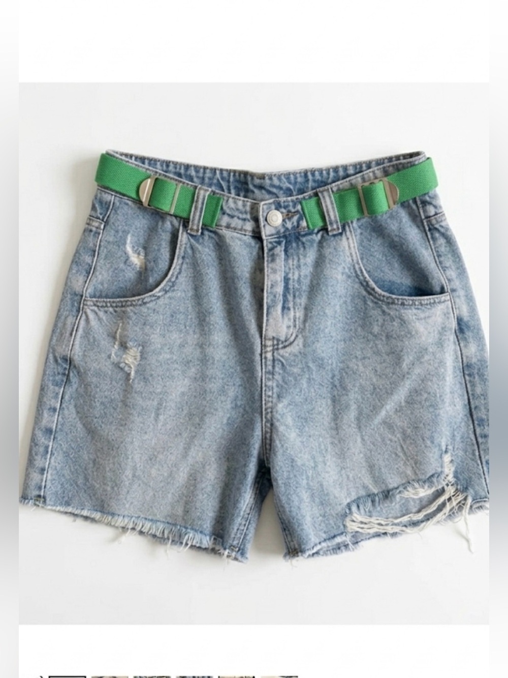 Distressed High-Waist Denim Shorts with Green Side Belts size 38